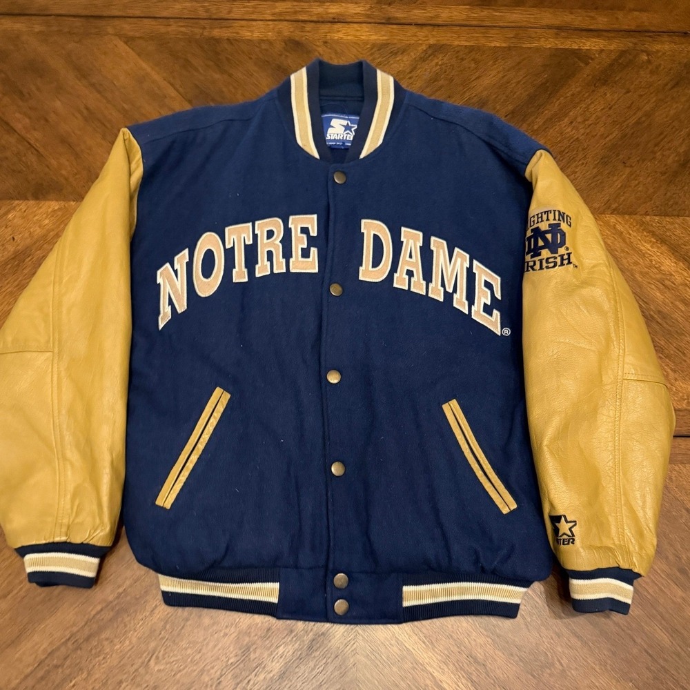 Vintage Starter Notre Dame Fighting Irish Varsity Jacket Navy Gold Leather XL